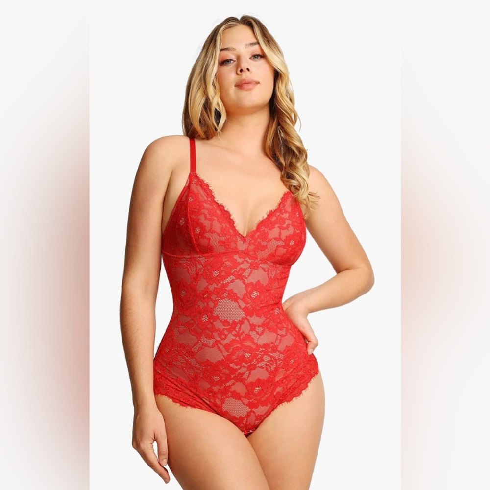 Lace V-Neck Bodysuit Lace Teddy in Red